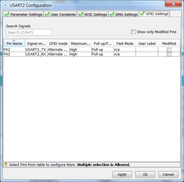 3.1.1 Simple UART communication 117 CubeMX USART GPIO configuration check: On
