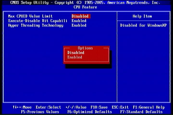 3-5-1 CPU Features Max CPUID Value Limit Set it as Disabled for Windows XP. The optional settings are: Enabled; Disabled.