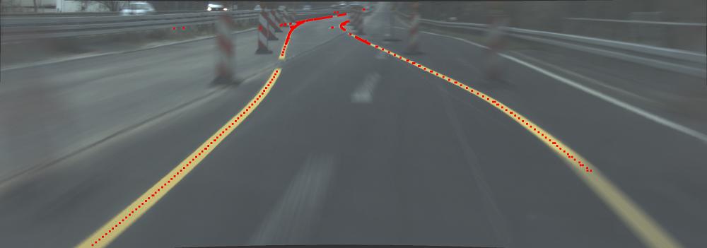 lateral position [m] (a) Snapshot of lane features (red) detected in a camera image. 5 5 2 4 6 8 1 longitudinal position [m] (b) Modeling of camera features accumulated over time (red). Fig.