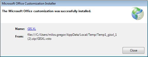 The installation is complete after clicking the Close button, and you can immediately use add-in. If you start MS Excel, you will find a new tab called GIS [demo] at the end of the ribbon toolbar.