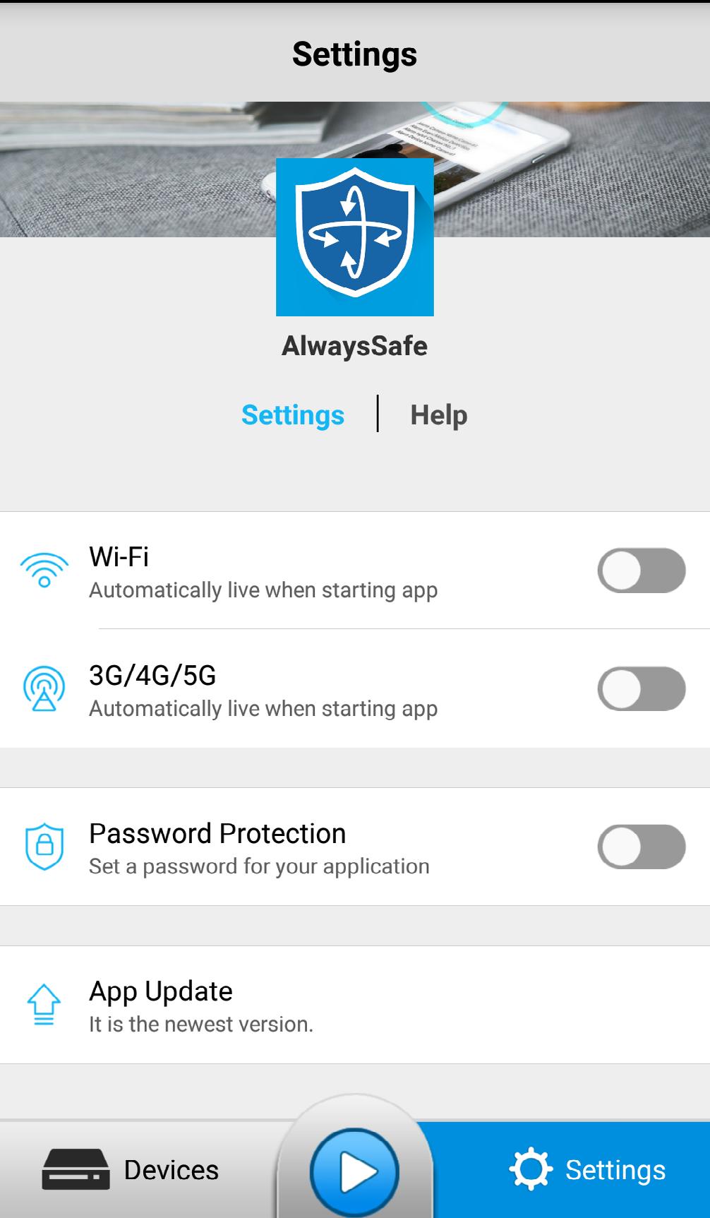 App General Settings 1 2 3 4 Settings 1 2 When your smartphone is connected to the Wi-Fi network, you can choose whether to allow the app to automatically start live streaming once it s launched.