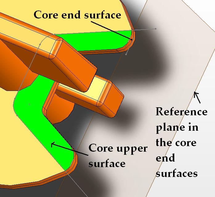 You can split both upper and above faces at the same time. 3. Make sure that there is a flat surface orthogonal to the pulling direction of the core, in the outermost core shapes. See figure.