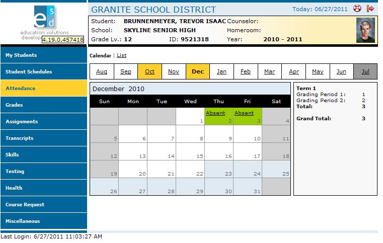 Attendance Information by Month: Click the Attendance menu option.
