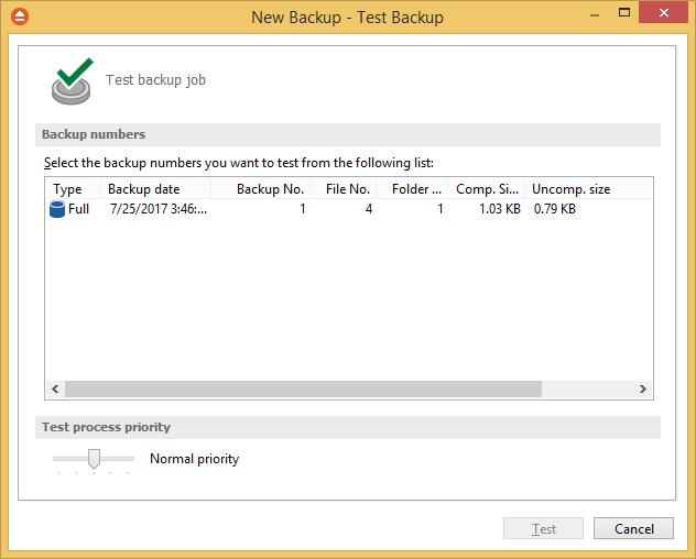 Getting Started 17 To test a selection or all the versions for the selected backup job, open the Test Backup window by pressing the Test button ( ) from the application's toolbar (or using the