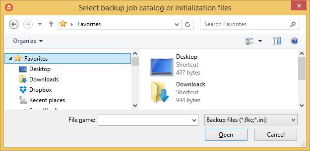40 FBackup 7 You can open the backup catalog (.fkc) or ini file using the Open From command from Files menu.
