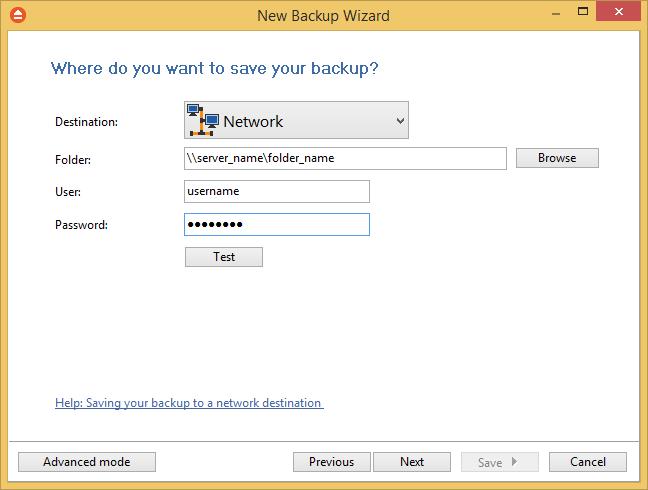 54 FBackup 7 Click the Browse button and go through the My Network Places to select a destination where the backup will be stored. You can also enter network paths in the Folder field.