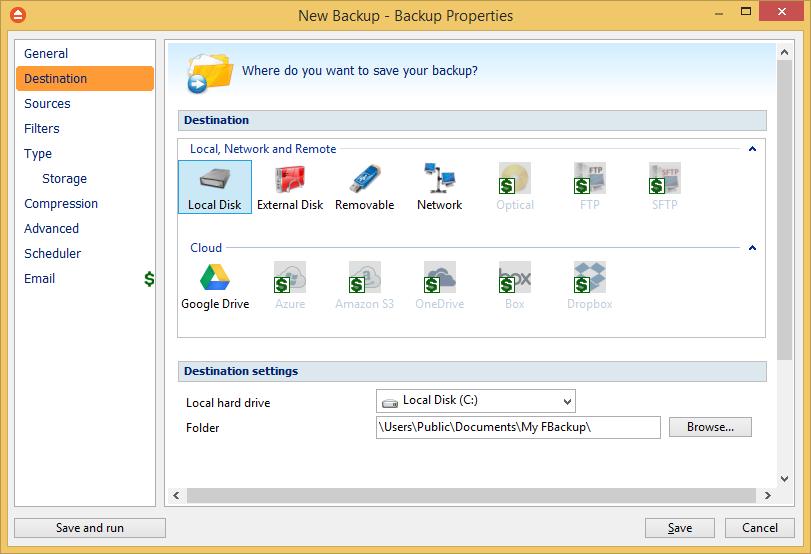 Backup Properties 65 Valid destination types: Local hard drive External hard drive Removable media (USB flash drive, floppy) Network Google Drive Dropbox Selecting a backup destination type on the