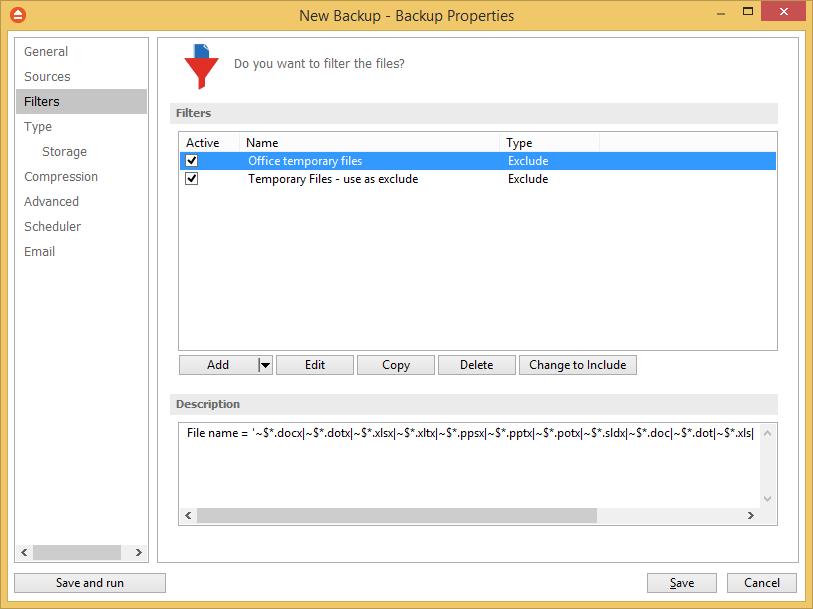 Backup Properties 81 Explorer 7.5 Filters The Filters page defines file filters to be applied to backup sources. Only files matching the filters will be added to backup.
