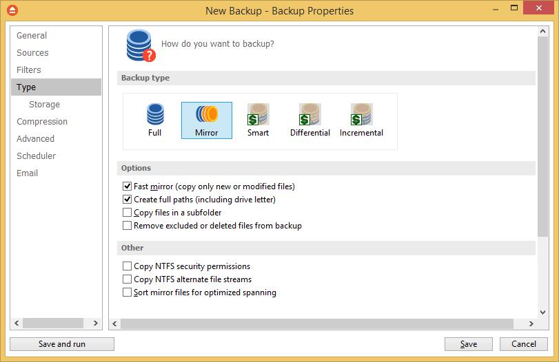 84 FBackup 7 Mirror Options Fast mirror (copy only new or modified files) Use this option to make mirror backups even faster. When this option is set, FBackup uses the information stored in ".