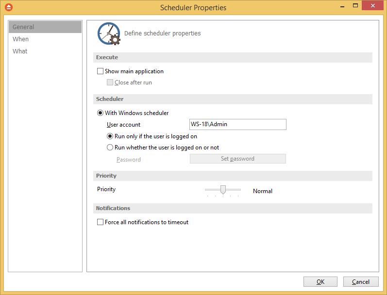 92 FBackup 7 Execute Show main application Use this option if you want the main application window to be shown when the scheduled task is executed.