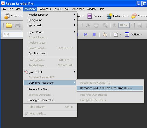 Page 3 Step 4: In the menu bar click Document then OCR Text Recognition and Recognize text in multiple files Using OCR.