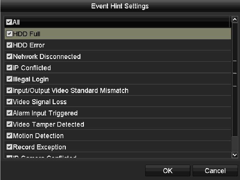 8.6 Handling Exceptions Purpose: Exception settings refer to the handling method of various exceptions, e.g., HDD Full: The HDD is full. HDD Error: Writing HDD error, unformatted HDD, etc.