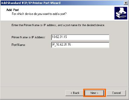 TCP/IP Printing for Windows 2000 In the Hostname or IP address field, type the IP address of the MFP server (e.g. 10.62.31.