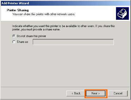 TCP/IP Printing for Windows 2000 At this screen, input a name for the printer, and then click Next >.