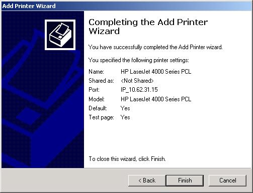 TCP/IP Printing for Windows 2000 Click Finish.