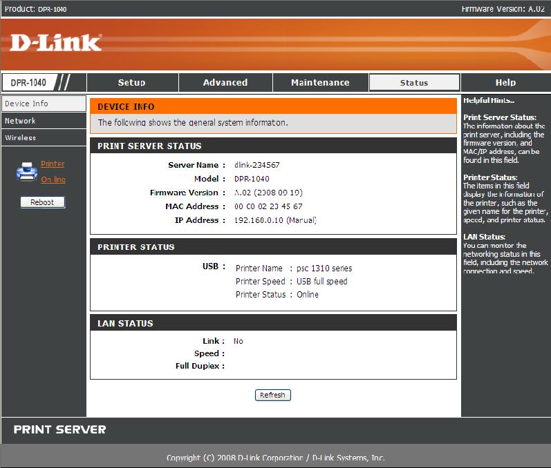 Using the Web Configurator STATUS > Device Info The Device Info screen displays the status of your MFP Server, printer, and network for your reference.