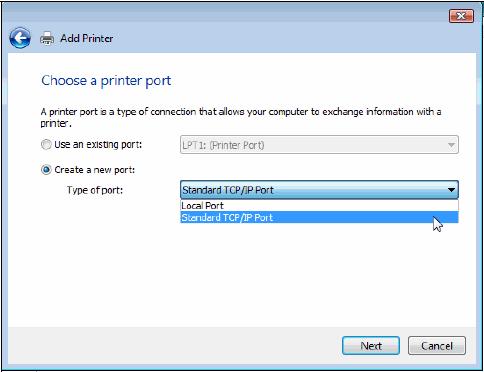 TCP/IP Printing for Windows Vista Select the second option, Create a new port, and highlight Standard TCP/IP Port from the pull-down menu. Click Next.