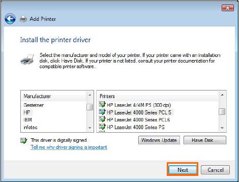 TCP/IP Printing for Windows Vista click [Have Disk] and insert the printer driver disk that