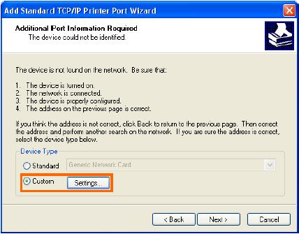 TCP/IP Printing for Windows XP Select Custom and click Settings.
