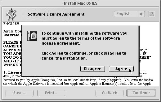 At the Important Information screen read the Installing Mac OS 8.5 onscreen documentation; click Continue (Figure 7).