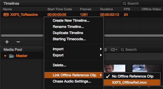 Right- click Timeline: Link Offline Reference Clip > XXF3_OfflineRef.mov Click the Checkered Icon in Viewer.