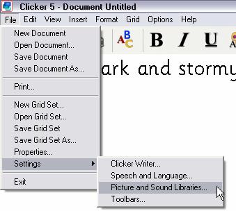 To adjust the type of graphics that ClickerWriter displays when text is typed, go to the File menu, select Settings and then Picture and Sound
