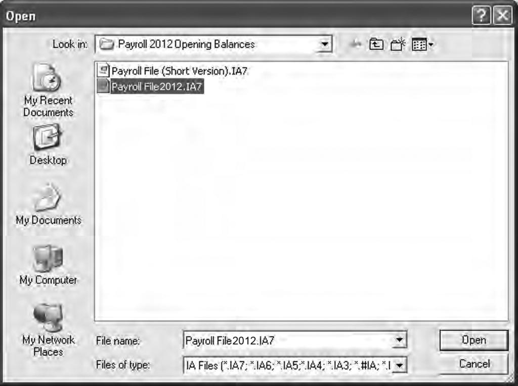 UG-10 USER GUIDE Computerized Payroll Accounting Payroll Accounting 2012 UG-13 Open Dialog Box selected file). Both the mouse and keyboard can be used to choose files from the list.