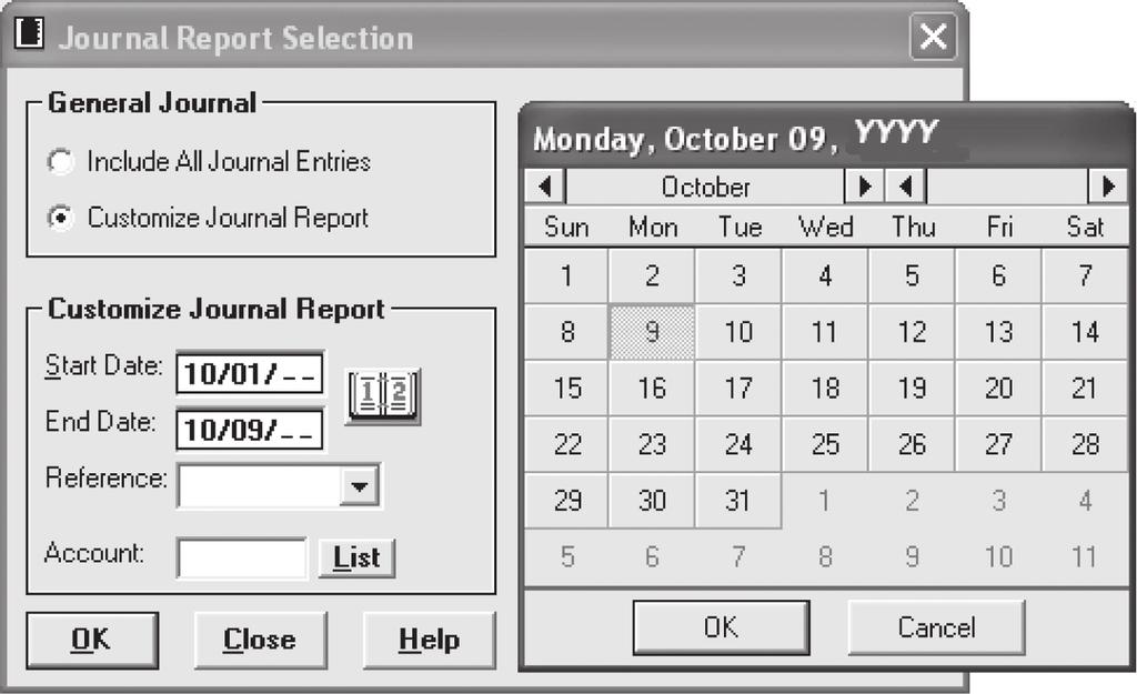 When the General Ledger report is selected from the Ledger Reports option, the Account Range Selection dialog box shown in Figure UG-25 will appear.