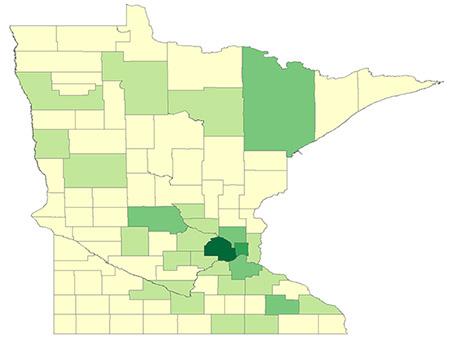 Step 4. You now have a map showing raw counts of Vietnam veterans by county in Minnesota. This map shows a distinct spatial pattern: Hennepin County has the highest number of Vietnam veterans.