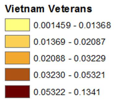 Still working in the table of contents, re-label the legend by clicking on MNVets1970, pressing F2, and then entering a more appropriate title, such as Vietnam Veterans.