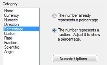 Step 11. Select Percentage from the Category menu. Then, click the radio button next to The number represents a fraction. Adjust it to show a percentage. Click on Numeric Options.