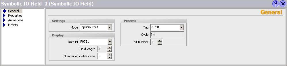 Configure the I/O field for variable P0810 as follows (refer to Fig. 3-25): In the "General" tab, as mode, select "Input/Output" ("Settings" block). Select P0810 as Tag ("Process" block).