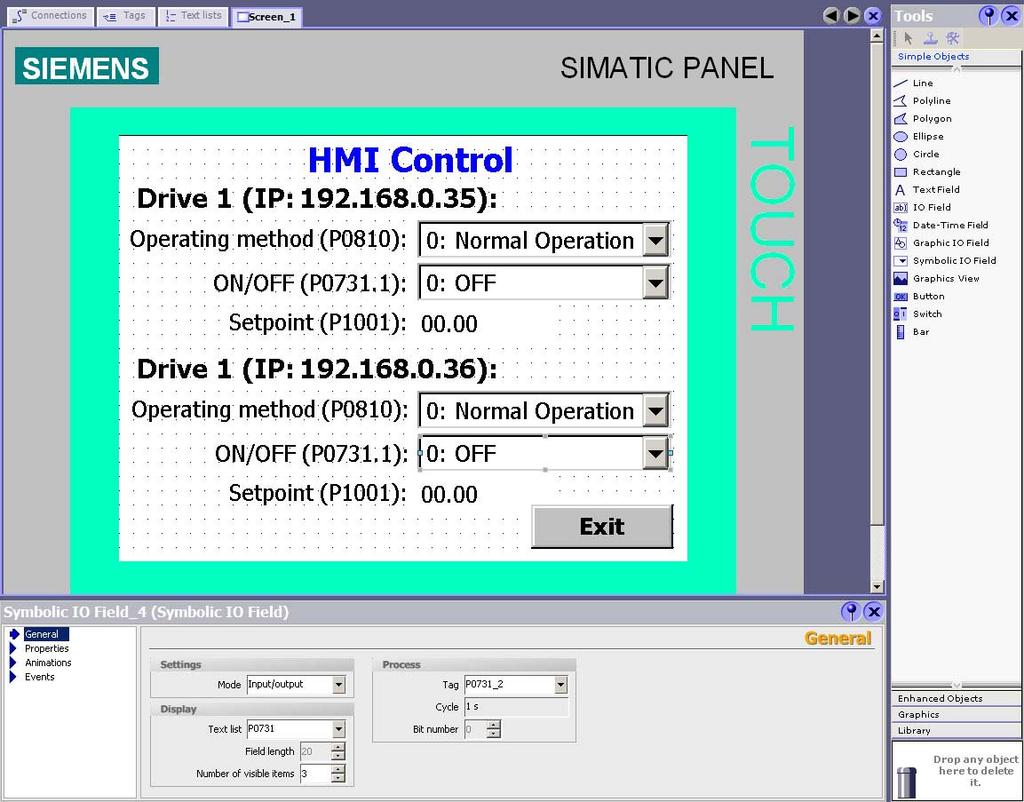 PROFINET control Setting-up and configuring input/output fields for the variables Set-up four symbolic I/O fields for variables P0810_1, P0731_1, P0810_2 and P0731_2 and two