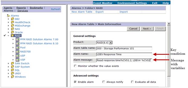 Example of a %CVS value used in the message of an alarm email notification or SNMP trap When creating an alarm, you set up the message in the General Settings section in Alarm message.