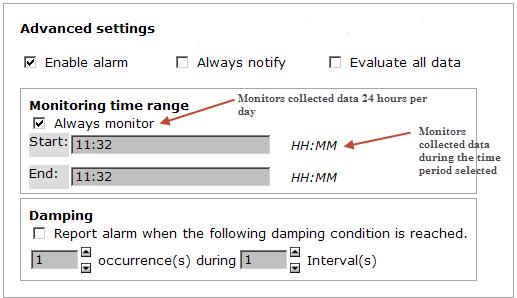 Use Damping to limit notifications Figure 4-17 Setting Monitoring time range In the Advanced settings section, you can set Damping to prevent one or a small number of sporadic instances from