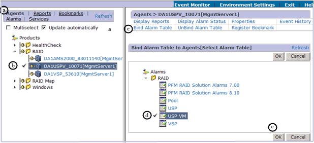 Click RAID > DA1USPV_10071[MgmtServer1]. The selected Agent is marked with a check mark. c. Click Bind Alarm Table. d.