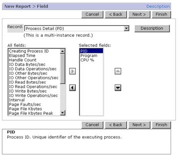 Figure 5-5 Example of settings for the New Report > Field window The following describes the components in the New Report > Field window: Record Select the records that you want to display as a