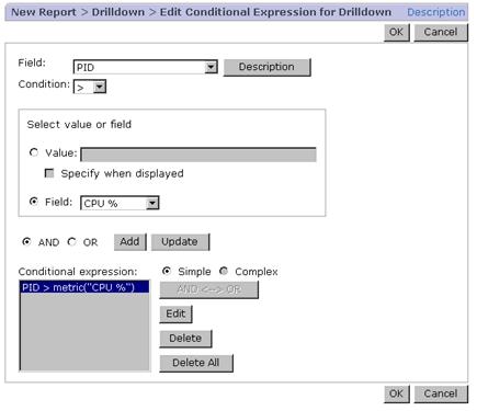 Figure 5-13 Example of a setting for the New Report > Drilldown > Edit Conditional Expression for Drilldown window The following describes the components in the New Report > Drilldown > Edit