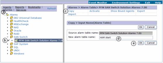 a. Click Alarms. b. Choose the alarm table to copy by clicking SAN Switch > PFM SAN Switch Solution Alarms 7.00. The alarm table is marked with a check mark. c. Click Copy. d.