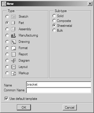 FIRST WALL FEATURES Figure 9 Ensure that the Use default template option is selected. Enter bracket as the part name, then select OK.