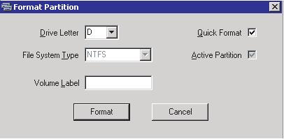 Select the OS installation partition and click the [Partition] menu [Format]. The [Format Partition] window appears. Be sure to specify the active partition on drive C.