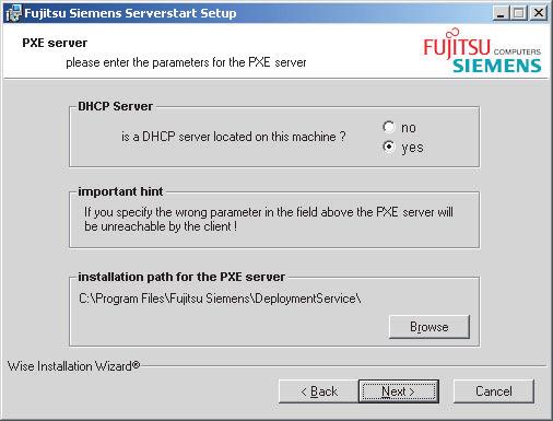PRIMERGY BX620 S2 Server Blade User s Guide 9 Specify the user account for the content tree and click [Next]. The [PXE Server] window appears.