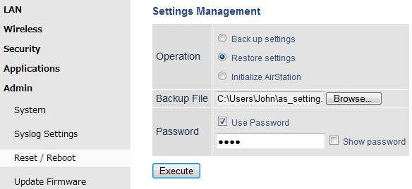 Restoring Settings with a Backup File Restore settings can be found on the same tab. 1 Select Restore settings. 2 The Browse field appears. Click Browse... to locate the backup file on the system.