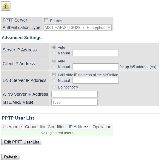 PPTP Configure the VPN server here.