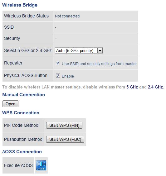 Wireless Bridge Configure the AirStation s wireless bridge here. Wireless - Wireless Bridge (Wireless Bridge Mode Only) Wireless Bridge Status SSID Security Select 5 GHz or 2.