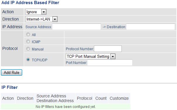IP Filter Create and edit IP filters here. Security - IP Filter (Router Mode Only) Action Direction IP Address Protocol IP Filter Specify how to process target packets.