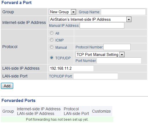 Port Forwarding Configure port translation here.