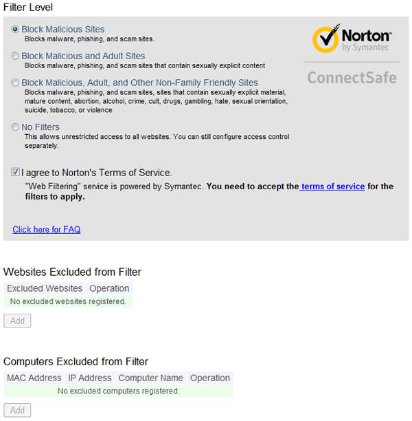 Web Filtering Security - Web Filtering (Router Mode Only) Norton ConnectSafe must be activated by the customer. Use of Norton ConnectSafe is subject to the Terms of Service found at https://dns.