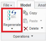 h. Under the Model ribbon, select Regenerate (image below). Your model may have already regenerated. In older versions of Creo, regeneration was not automatic.