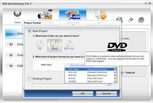 12 COREL DVD MOVIEFACTORY USER GUIDE Setting disc type and project format If you click Create Video Disc or Create Slideshow Disc, a second level launcher page allows you to select disc type and